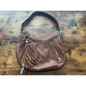 B. Makowsky Brown Pebbled Leather Hobo Shoulder Bag Tassel Zip Top